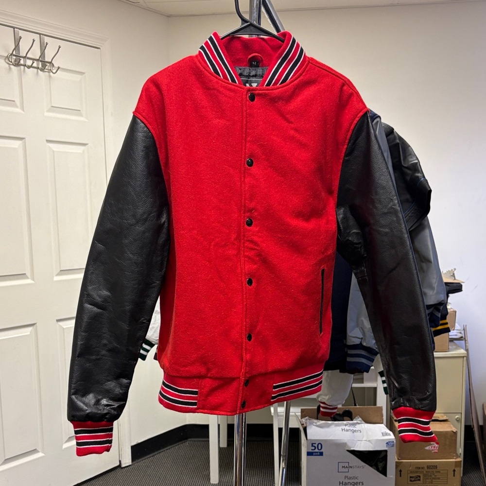 Men's Red and Black Varsity Jacket - Classic Letterman Style